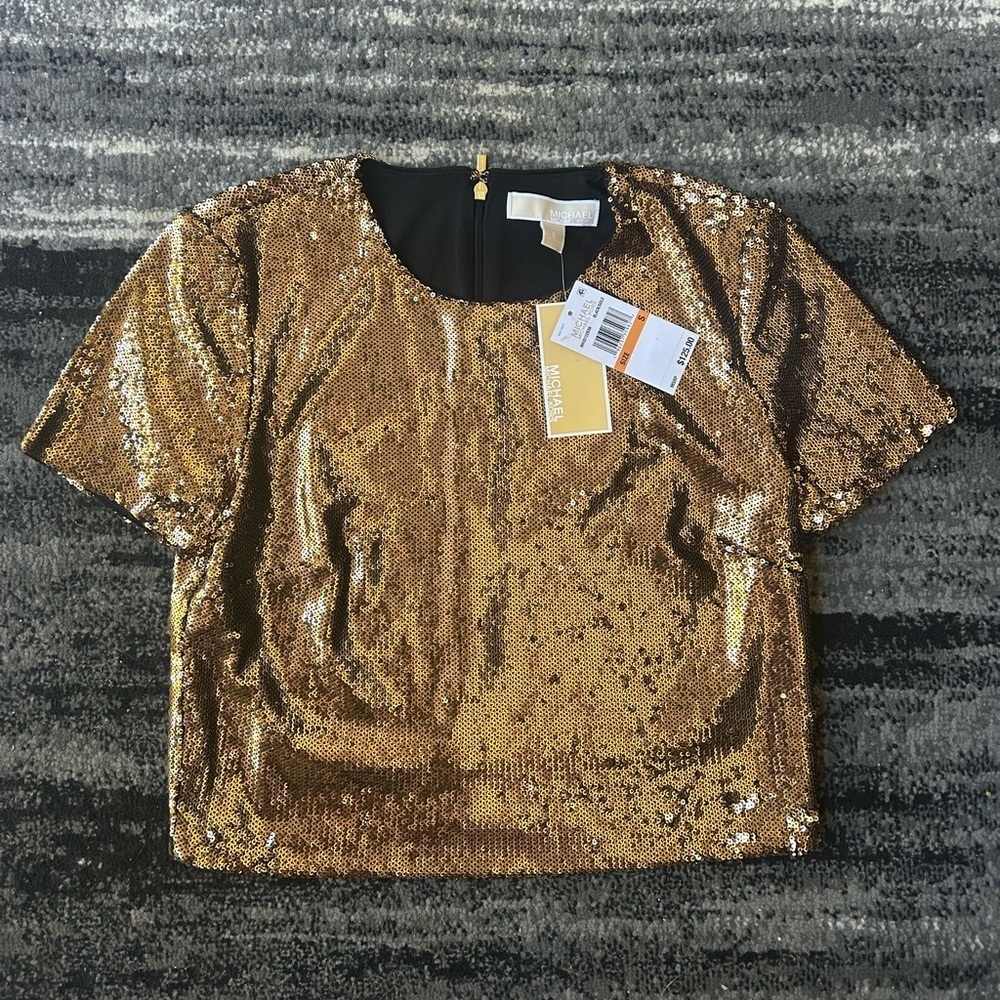 NWT MICHAEL KORS Metallic Gold Sequin Short Sleeve Top